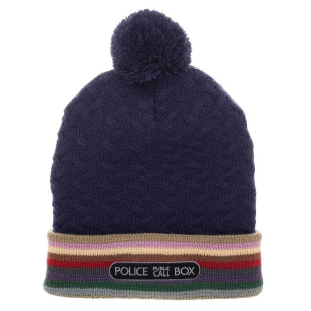 Doctor Who TARDIS Police Box Beanie Hat 13th Doctor Pom Pom Knit Winter Cap OS
